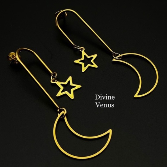 Moon & Star Dangle Stud Earrings | Gold Plated Stainless Steel | Handmade - Picture 1 of 5